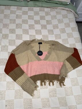 NWT Storia Cropped V-Neck Chunky Stripe Sweater in Beige Pink Brown Rust M